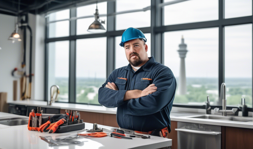 A professional, uniformed plumber with a well-equipped toolkit fixing pipes in a clean, modern commercial space in Niagara. The background shows iconic Nia