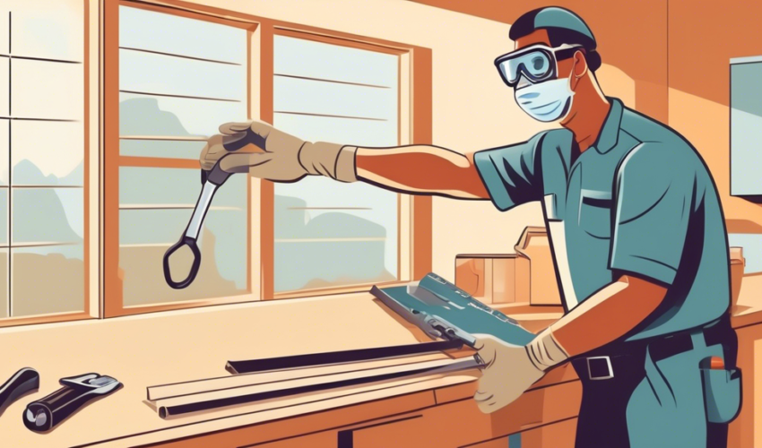 A detailed illustration of a homeowner carefully replacing a garage door panel. The scene is set in a suburban environment with a neatly organized garage f