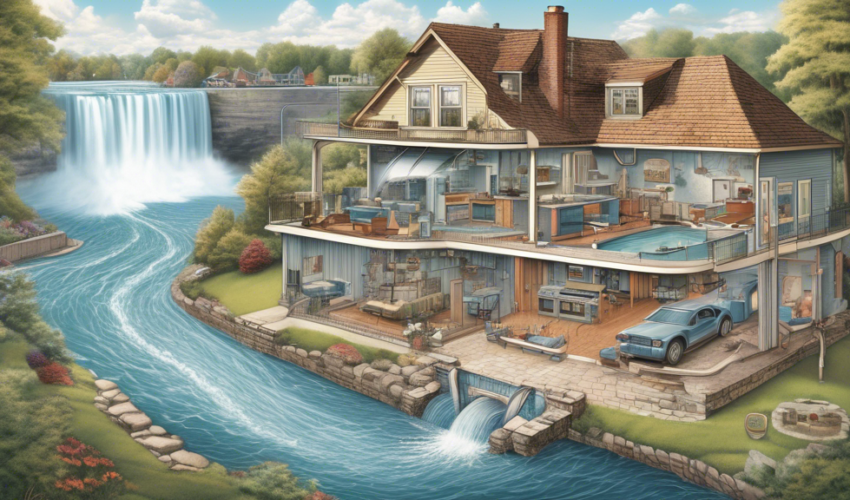 Create an image of a residential home in Niagara, with a picturesque background of Niagara Falls. The focus of the image should be a cutaway view of the ho