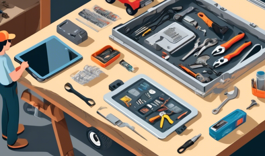 A detailed illustration of a person fixing a garage door opener, with tools like a wrench and screwdriver, detailed step-by-step instructions visible on a