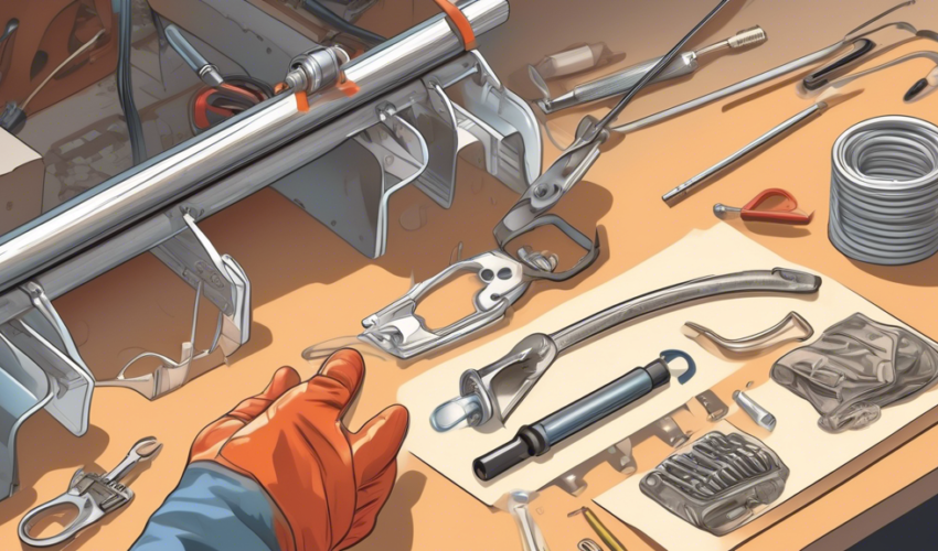 A detailed illustration of a technician repairing a broken garage door spring, showing the various tools and safety gear needed for the job, like gloves an