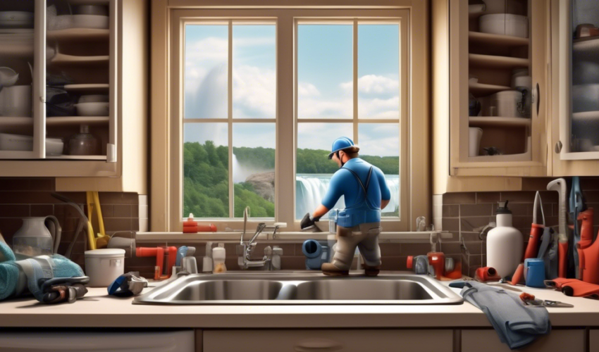 A realistic home setting where a plumber is fixing a clogged kitchen sink drain, surrounded by common plumbing tools. The background shows a window with a