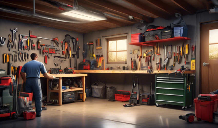 A well-organized garage with a detailed scene showing someone using tools to fix a garage door. There is a sense of urgency with a toolbox open and various