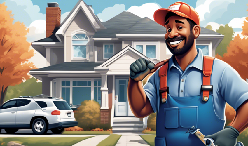 A detailed, high-quality illustration of a friendly and professional plumber arriving at a suburban home in Niagara Falls. The plumber is equipped with mod