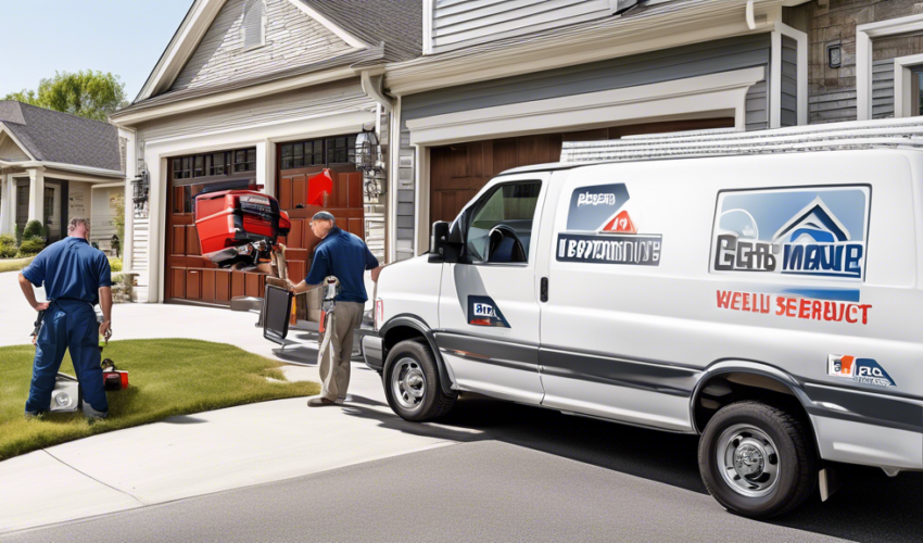 A busy residential neighborhood with various homes featuring different styles of garage doors. In the foreground, a garage door repair professional is insp