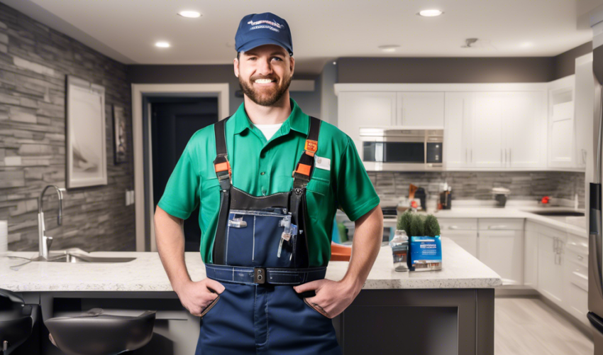 An image of a skilled plumber in the Niagara Region wearing a uniform and tool belt, working meticulously on plumbing fixtures in a modern home. In the bac
