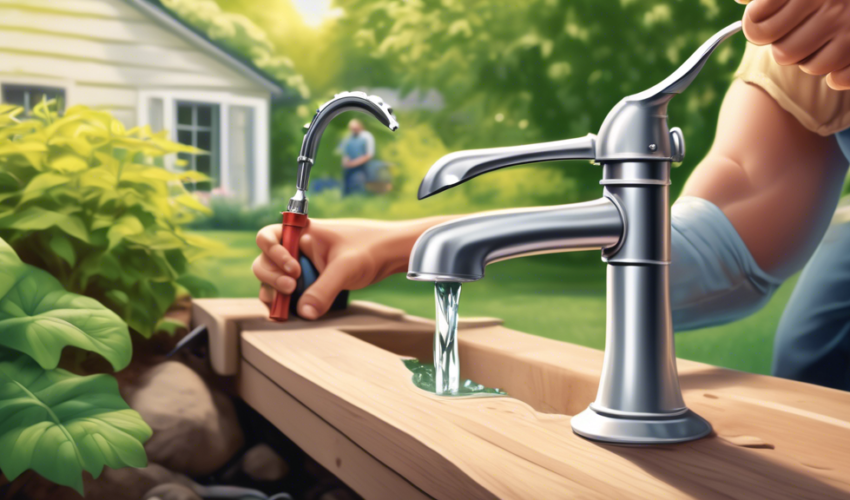 A detailed step-by-step illustration of a person replacing an outdoor faucet in a serene Niagara backyard. The scene includes tools like a wrench, pipe tap