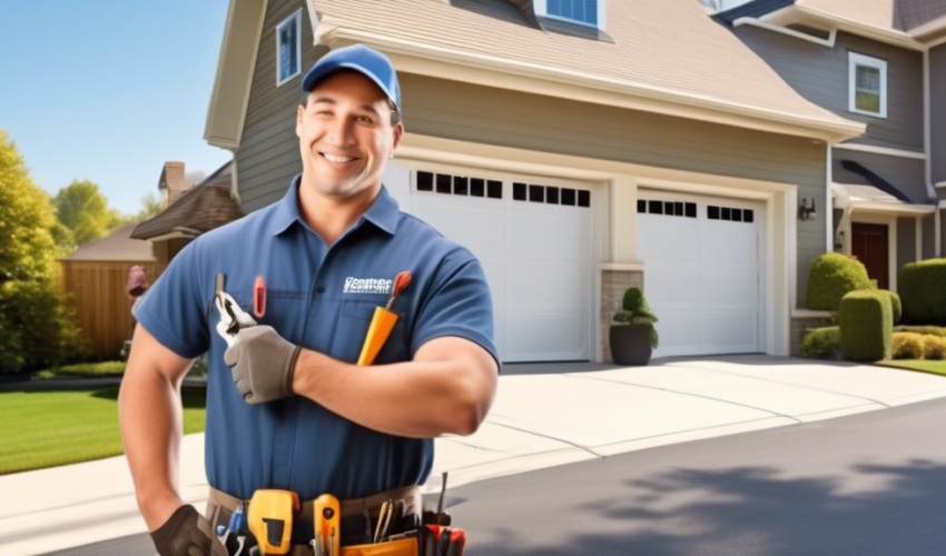 Create an image showing a friendly technician inspecting and repairing a garage door in a suburban neighborhood. The scene should include a well-maintained