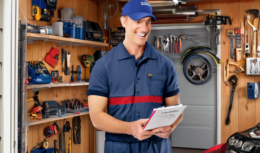 A cozy suburban garage with a partially open door, revealing a collection of tools and DIY equipment scattered around. A friendly technician in a uniform a