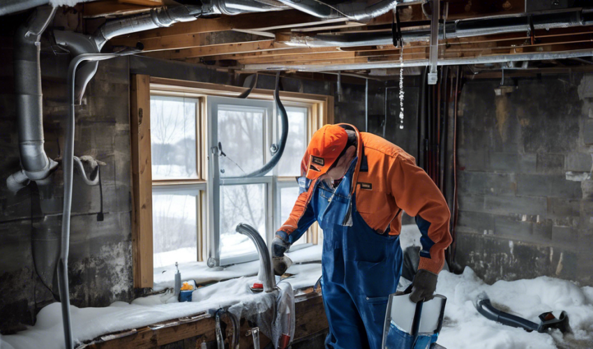 A repair technician dressed in work overalls fixing a leaking pipe in a residential basement. The setting shows tools like wrenches, plumber's tape, and se