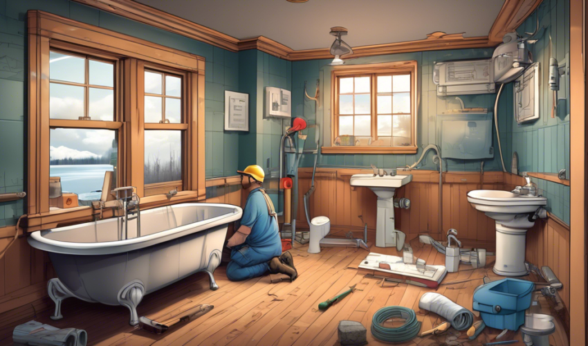 A detailed illustration of a bathroom under renovation in a Niagara home. The scene shows plumbers working on installing modern pipes and fixtures, with la