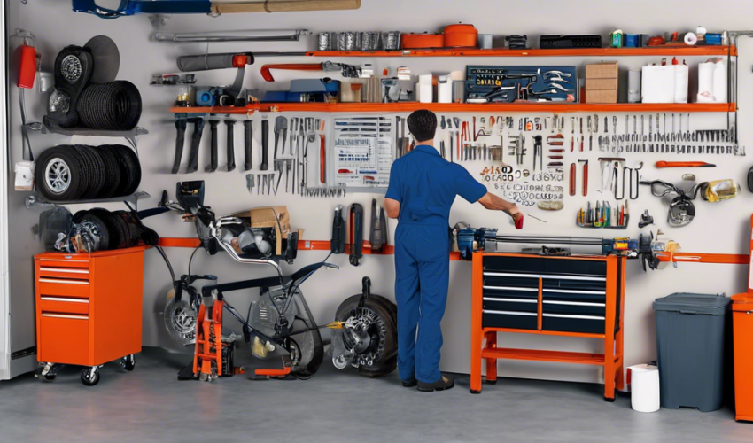 A well-organized garage with a pristine garage door at the center, a person in work clothes holding tools and a checklist, inspecting springs and rollers,