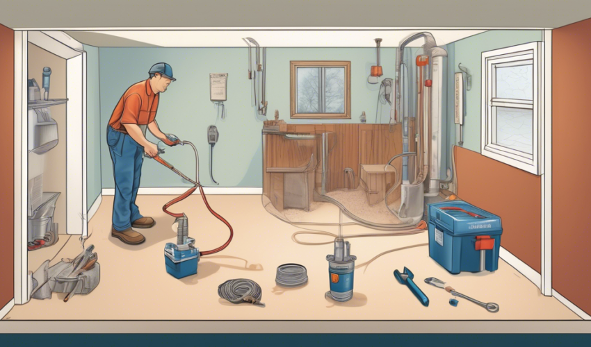A detailed illustration of a homeowner in Niagara replacing a sump pump in a basement, with tools laid out neatly, step-by-step instructions visible, and t