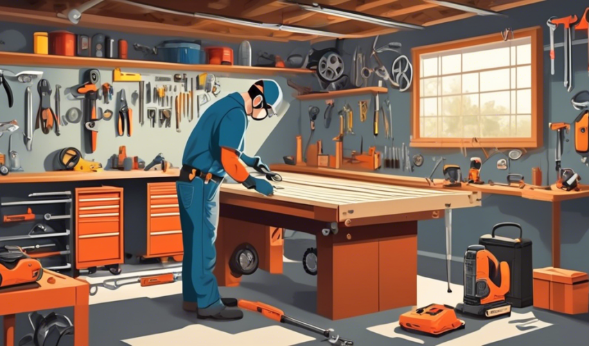 A detailed illustration of a technician in a well-organized garage, carefully repairing a garage door track using various tools. The technician is shown ti