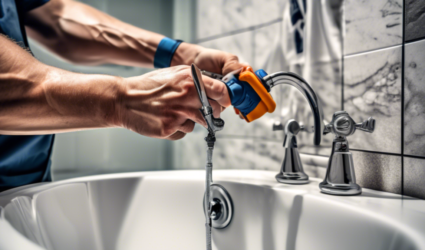 A highly detailed image of a handyman carefully repairing a shower faucet in a modern bathroom. The setting should include tools like a wrench, screwdriver