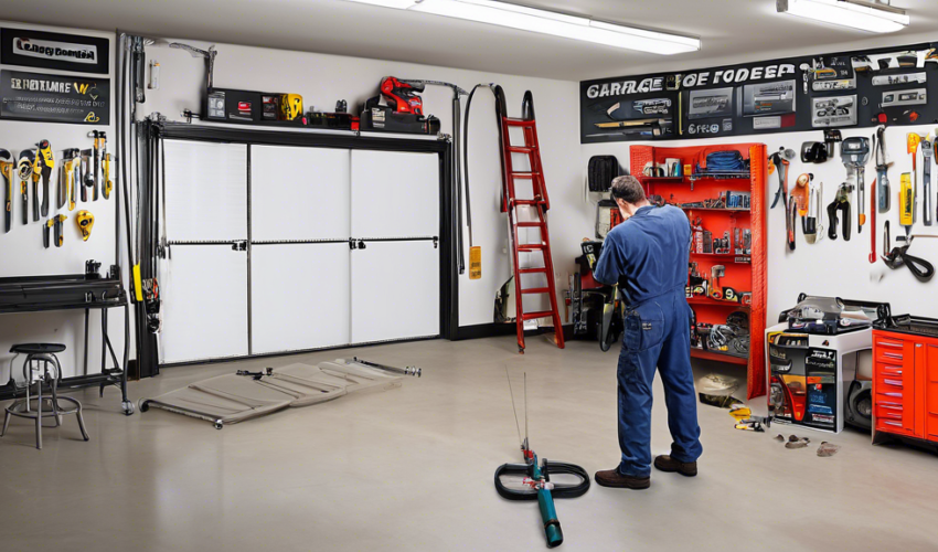 A well-organized residential garage showcasing various tools and equipment for garage door repair, including a step ladder, screwdriver set, replacement sp