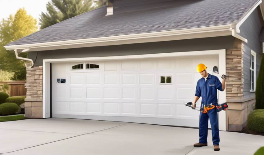 A high-resolution image depicting a professional technician expertly repairing a modern garage door. The technician is dressed in a branded uniform and is