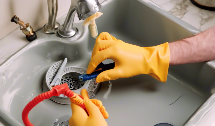 A close-up shot of a pair of hands wearing rubber gloves, skillfully using a plumbing snake to remove a clog from a sink drain. The background features a t