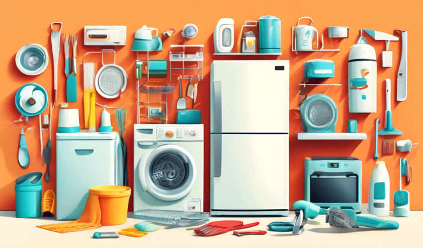 An informative, visually appealing illustration showcasing various household appliances like a refrigerator, dishwasher, washing machine, and oven, surroun
