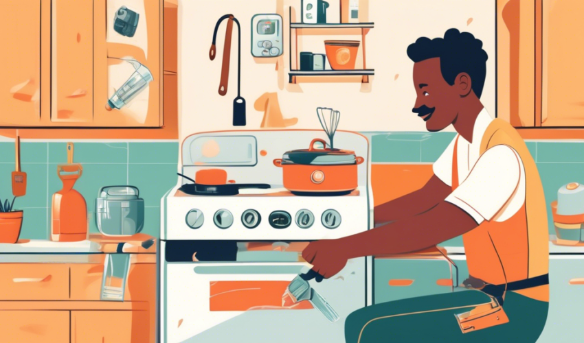 An illustrated guide book on appliance repair open on a kitchen counter, featuring colorful diagrams and tool icons, alongside common household appliances