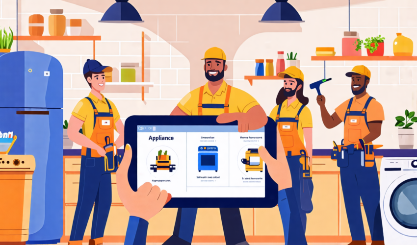 Create an image depicting a modern kitchen with various appliances like a refrigerator, dishwasher, oven, and washing machine. In the center, a thoughtful