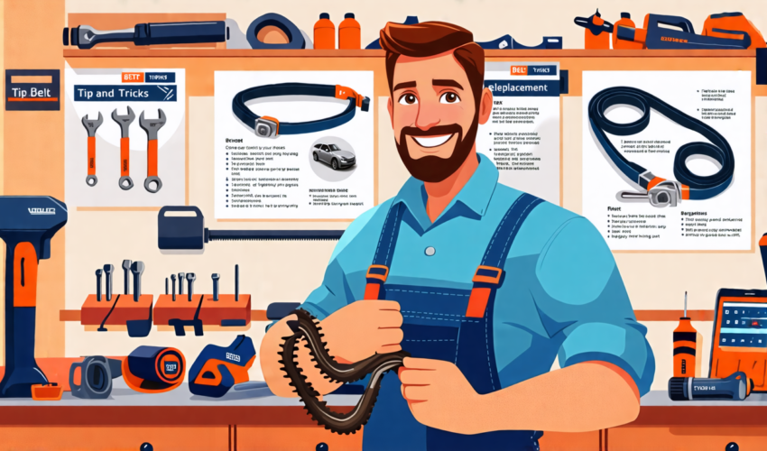 Create an illustration depicting a smiling, experienced mechanic in a well-organized garage, holding a new car belt. In the background, there's a neatly la