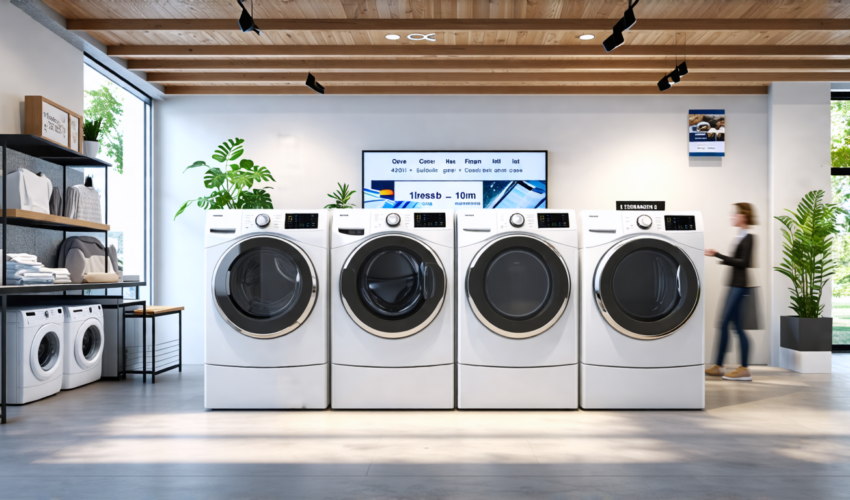 Create an image of a modern home appliance store, showcasing a variety of clothes dryers. Feature different styles, including a traditional front-loading d