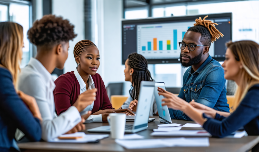Create an image depicting a diverse group of people interacting in a professional setting, showcasing various forms of communication such as face-to-face d