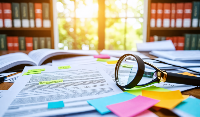 Create an image of a large office desk covered with various open contracts. The contracts are filled with highlighted sections, notes in the margins, and c