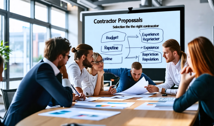 Create an image of a bustling office environment where a team of professionals is actively engaged in a selection process. The setting includes a large con