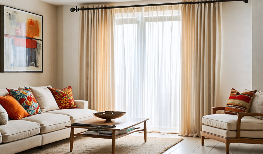 A cozy living room with soft natural lighting filtering through perfectly installed, elegantly flowing sheer curtains. The curtains are mounted on a sleek,