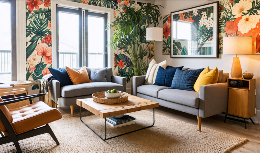 Create an image of a cozy living room with a stylish and modern look, showcasing a successful DIY renovation. The room should feature affordable, but trend