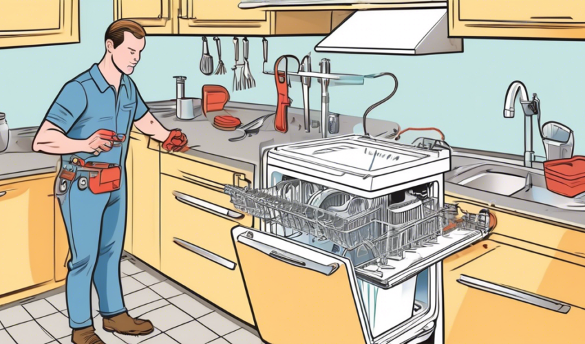 An illustrated guide showcasing various dishwasher components and their common issues, including leaks, clogged drains, and malfunctioning controls. Includ