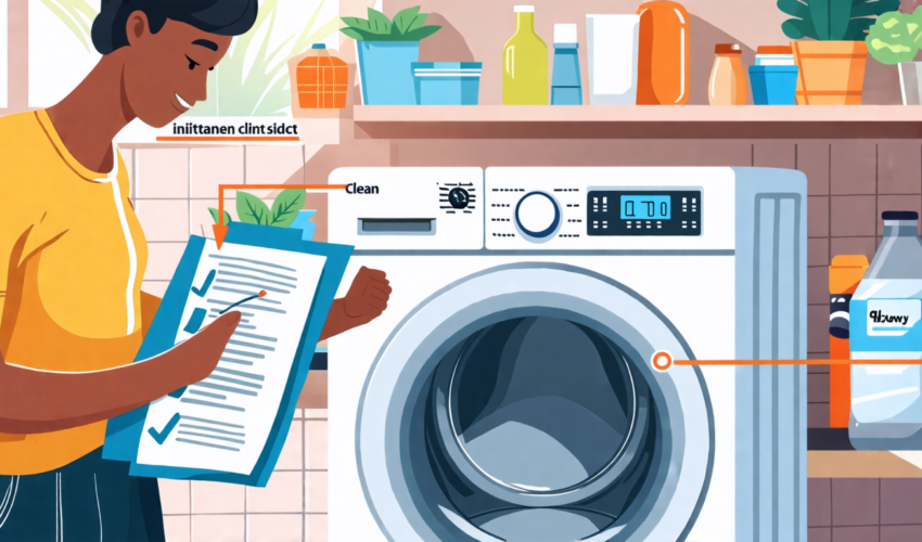 Create an image of a cozy laundry room setting with a modern dryer that has detailed labels pointing to its various parts, such as the lint filter, drum, a