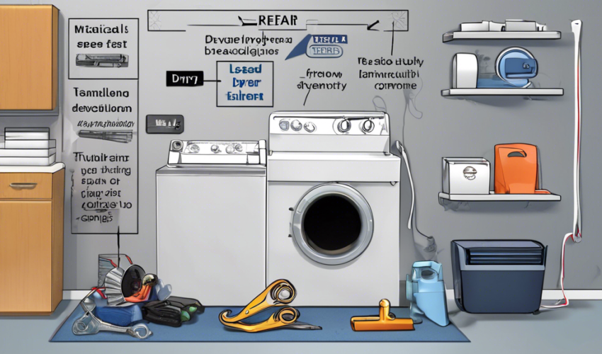 An instructional guide on dryer repair featuring a step-by-step visual breakdown of common dryer issues. Show a technician in a workshop, surrounded by dry
