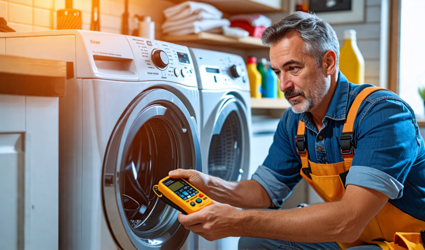 Create an image of a cozy home laundry room scene, featuring a skilled technician demonstrating expert dryer repair tips. The technician, an experienced mi