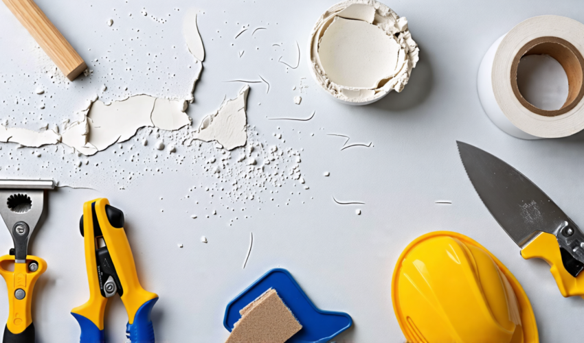 Create an image showcasing a step-by-step guide to efficient drywall repair, including essential tools and techniques. The scene should feature a well-orga