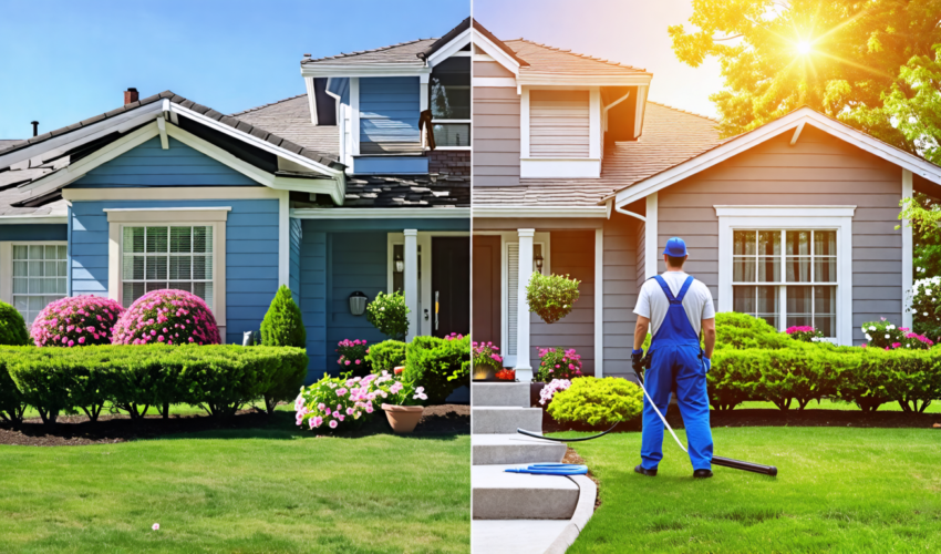 Create an image of a charming suburban home undergoing a transformation with expert exterior painting. The scene shows a before and after split; on one sid