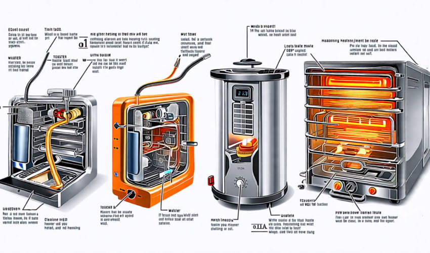 Create an image of a detailed, exploded view of a heating element inside various household appliances, such as an electric oven, toaster, and water heater.