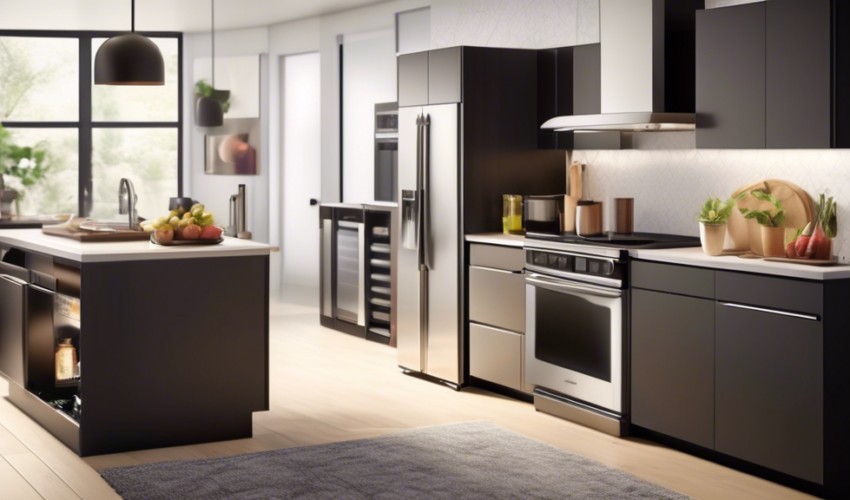 Create an inviting kitchen scene showcasing essential home appliances for a modern household, including a sleek refrigerator, an advanced oven with a digit