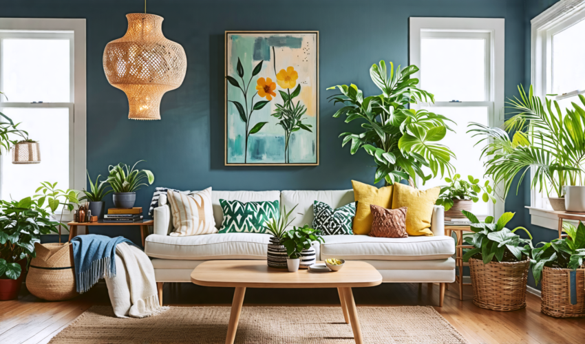 Create an image of a cozy living room that has been beautifully transformed using budget-friendly home improvement techniques. The room features DIY painte