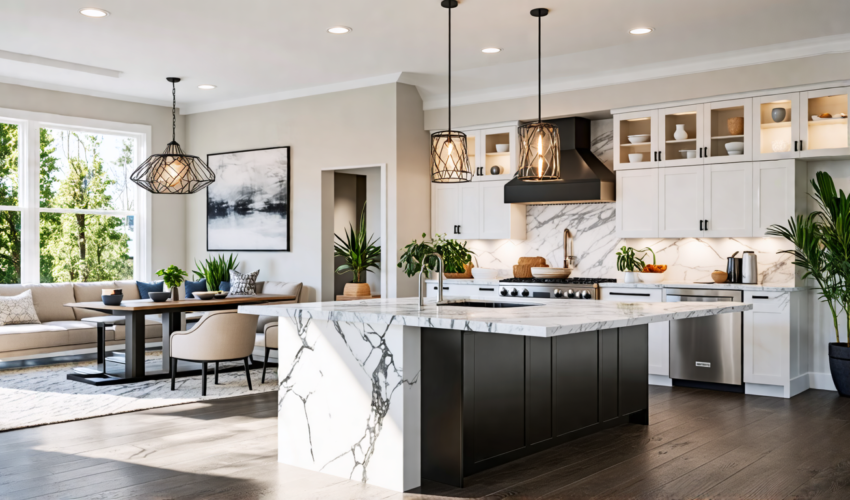 Create an inviting scene of a beautifully renovated modern kitchen, blending sleek design elements with cozy touches. The image should feature a spacious l