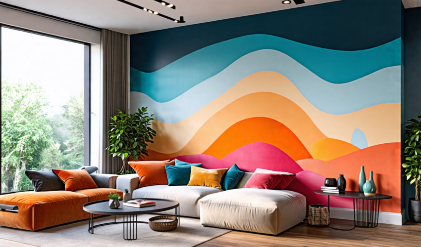 A cozy living room scene featuring a beautifully transformed interior with a variety of eye-catching painting techniques. The walls display a gradient pain
