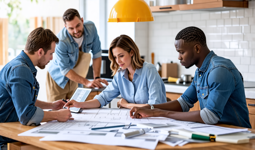 An inviting scene of a homeowner sitting at a kitchen table, surrounded by a variety of detailed blueprints and renovation plans. The table is cluttered wi