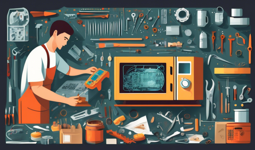 Create an illustration showing a microwave being repaired, featuring a technician in a workshop surrounded by tools. The technician is focused on a disasse