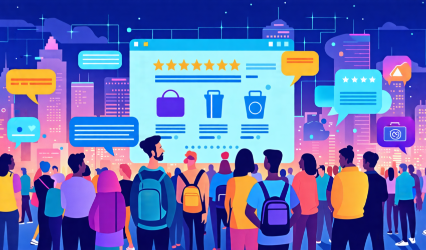 Create an image depicting a diverse crowd of people, each representing different demographics, standing in front of a large futuristic screen displaying a