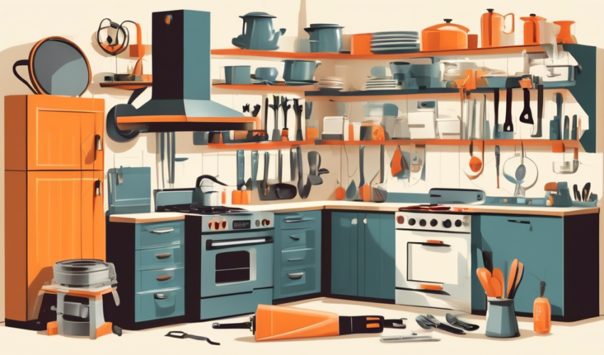 Create an informative and visually appealing illustration of an open kitchen with a focus on an oven being repaired. Include a toolbox filled with common r