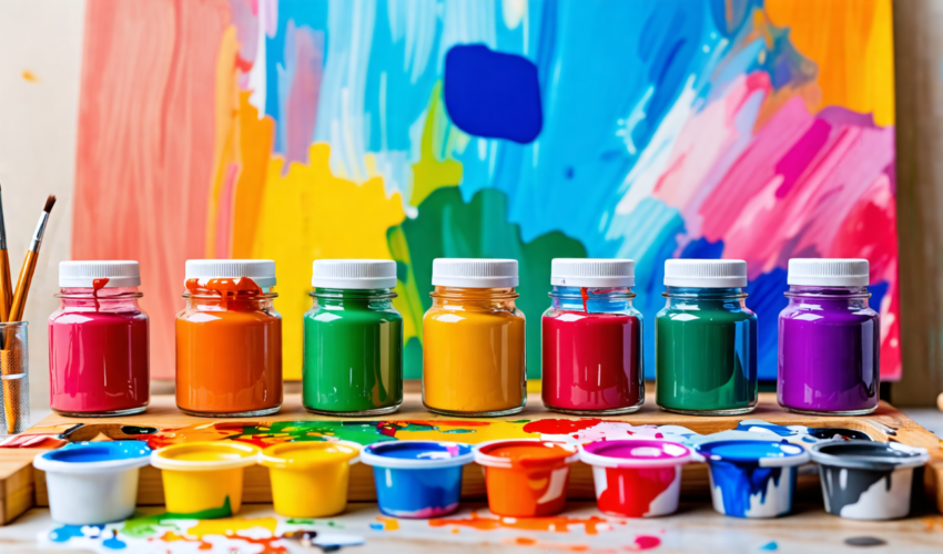 Create an image that showcases a variety of paint types displayed on a wooden artist's palette. Include vibrant acrylic tubes, glossy oil paint jars, water