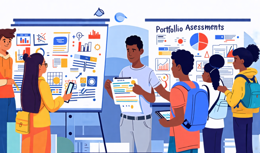 Create an illustration of a diverse classroom setting where students are presenting their portfolio assessments. The students, of various ages and backgrou