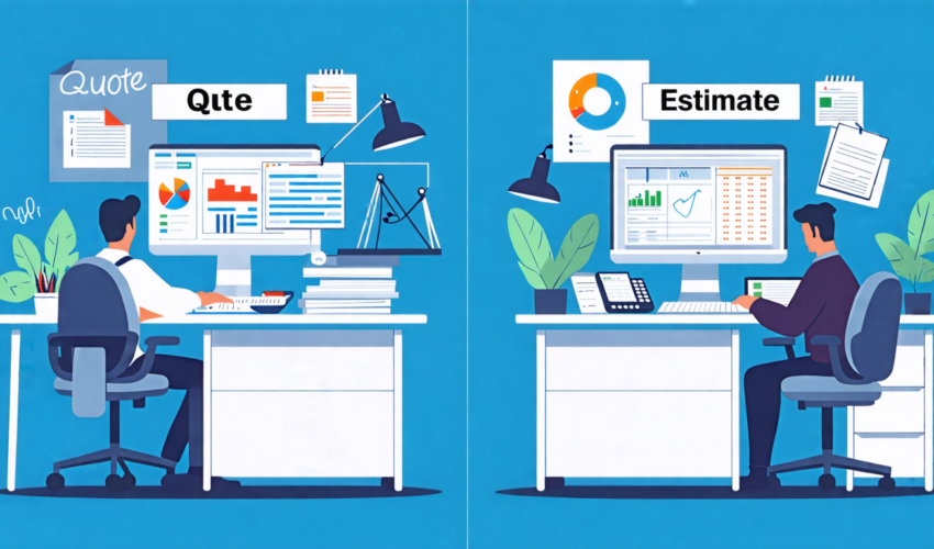 Create an illustration depicting a business office environment with two different desks. On one desk, a professional is creating a detailed Quote document
